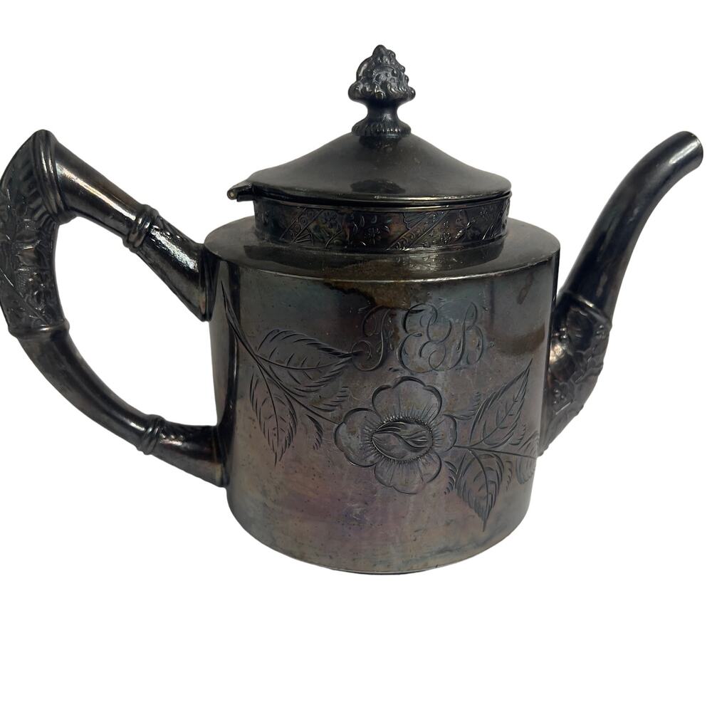 Antique C.B. Barker Teapot Floral Engraved Silverplate Victorian c1900 New York